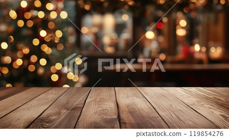 Empty wooden tabletop on blurred background of cozy cafe decorated for Christmas 119854276