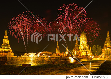 Fireworks with lighting-up of Wat Chaiwatthanaram, the ancient royal temple in Ayuthaya Historical Park, a UNESCO world heritage site in Thailand. Fireworks with lighting-up of Wat Chaiwatthanaram, the ancient royal temple in Ayuthaya Historical Park, a UNESCO world heritage site in Thailand. 119854832