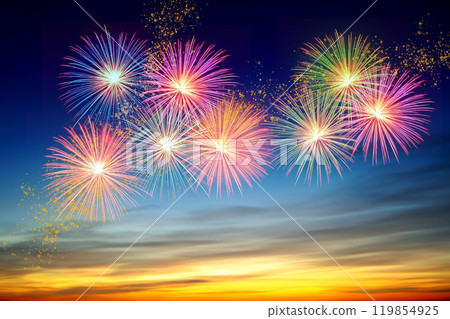 Colorful fireworks celebration and the twilight sky background. Background for firework festival. Colorful fireworks celebration and the twilight sky background. Background for firework festival. 119854925