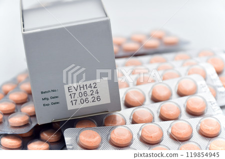 Manufacturing date and expiry date on some pharmaceutical packaging. 119854945