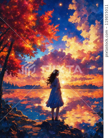 美麗的秋葉閃耀在秋夜和一個穿著紅色連身裙的女人 119855011