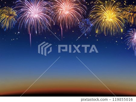 Colorful fireworks celebration and the twilight sky background. 119855016