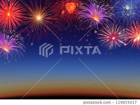 Colorful fireworks celebration and the twilight sky background. 119855017