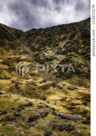 The sloping hillside is covered in rich, textured vegetation and scattered rocks, with a dramatic overcast sky adding depth to the scene in a remote mountainous region. 119855076