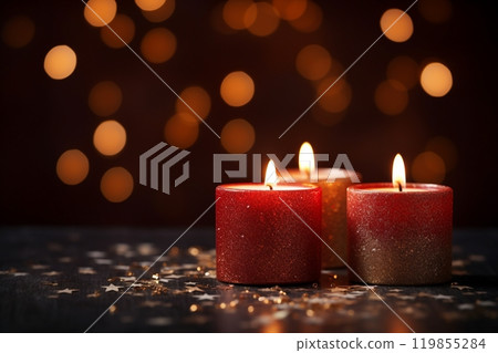 Three candles cast their warm glow against an abstract black background, fostering contemplation of a celebratory mood. festive concept with room for text. Created with generative AI tools 119855284