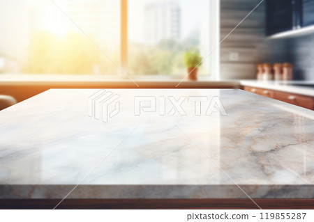 A marble counter table top stands out against the blurred kitchen scene behind, ready for product displays and design layouts. Created with generative AI tools 119855287
