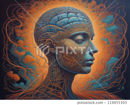 Profiles of Technology. Composition of human profile and fractal elements for projects on technology, science and education. Created with generative AI tools 119855303