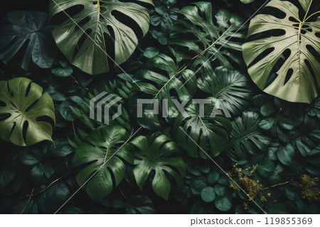Graphic representation of a tropical green foliage arrangement including Monstera, fern, and Eucalyptus leaves adorned with gold glitter particles. Created with generative AI tools 119855369