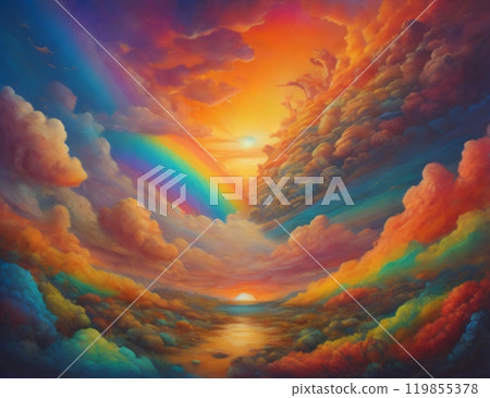 Escape to Reality. Abstract arrangement of surreal sunset sunrise colors and textures on the subject of landscape painting, imagination, creativity and art. Created with generative AI tools 119855378
