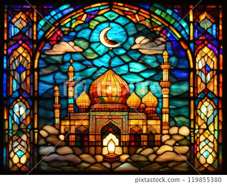 Image showcasing a serene mosque background with a beautifully glowing lantern, ideal for Ramadan Kareem greeting photos. Created with generative AI tools 119855380