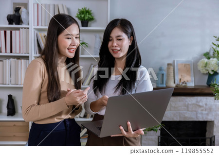 young woman looking at Laptop screen holding credit card, using Laptop secured online e-banking app, satisfied with online cashback purchase or good electronic banking services. young woman looking at Laptop screen holding credit card, using Laptop secured online e-banking app, satisfied with online cashback purchase or good electronic banking services. 119855552