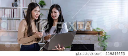young woman looking at Laptop screen holding credit card, using Laptop secured online e-banking app, satisfied with online cashback purchase or good electronic banking services. young woman looking at Laptop screen holding credit card, using Laptop secured online e-banking app, satisfied with online cashback purchase or good electronic banking services. 119855553