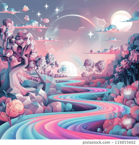 Explore a captivating surreal landscape where flowing rivers of pastel colors meet abstract trees and whimsical creatures, creating a tranquil atmosphere filled with dreamy elements and vibrant hues 119855602