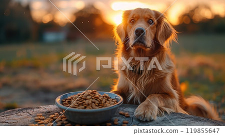 A dog is sitting in front of a bowl of food, Generative AI A dog is sitting in front of a bowl of food, Generative AI 119855647