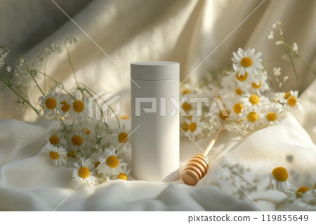 Organic Chamomile Infused Honey Jar with Flowers on Soft Fabric, Natural Wellness Concept 119855649