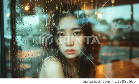 An Asian woman is sitting at a table with raindrops on the window. She has a sad expression on her face and looking out the window 119855666