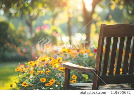 A wooden bench is sitting in a garden with flowers. The scene is peaceful and serene A wooden bench is sitting in a garden with flowers. The scene is peaceful and serene 119855672