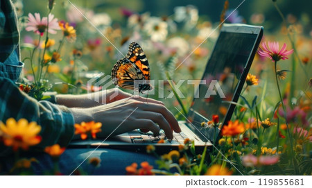 Person working on laptop surrounded by flowers with butterfly, Tech in nature, Work environment Person working on laptop surrounded by flowers with butterfly, Tech in nature, Work environment 119855681