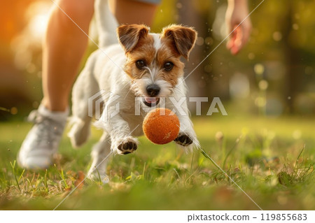 Happy Puppy and Owner Bonding in Playful Moment with Ball Returning Happy Puppy and Owner Bonding in Playful Moment with Ball Returning 119855683