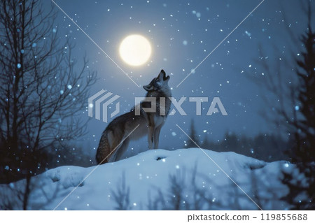 A majestic wolf howls atop a snow-covered hill under the glow of a full moon 119855688
