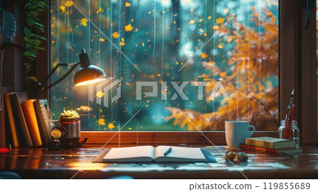 Cozy Workspace in a Modern Office with Vintage Desk, Coffee, Open Notebook, and Rain Falling Outside Autumn-Colored Window. Cozy Workspace in a Modern Office with Vintage Desk, Coffee, Open Notebook, and Rain Falling Outside Autumn-Colored Window. 119855689