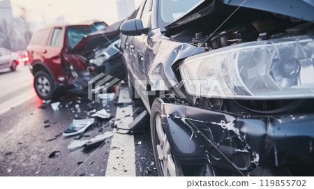 Crashed car, Car accident where fenders smashed into another car Crashed car, Car accident where fenders smashed into another car 119855702