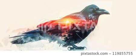 A bird is shown in a painting with a sunset in the background A bird is shown in a painting with a sunset in the background 119855755