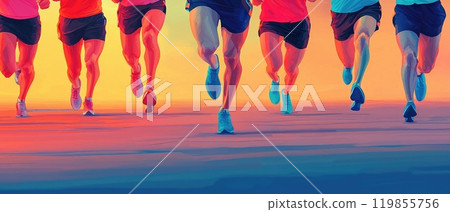 Vibrant Group of Runners in Motion at Sunset Vibrant Group of Runners in Motion at Sunset 119855756