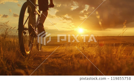 Serene Cycling Journey at Sunset with Vibrant Sky Silhouette and Countryside Landscape Serene Cycling Journey at Sunset with Vibrant Sky Silhouette and Countryside Landscape 119855758