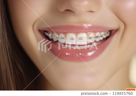 A woman with braces on her teeth is smiling A woman with braces on her teeth is smiling 119855760