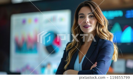 Leading the Way: Confident Businesswoman Presenting to Diverse Team with Digital Graphs Background 119855799