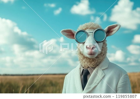 A sheep wearing sunglasses and a suit with a blue sky in the background A sheep wearing sunglasses and a suit with a blue sky in the background 119855807