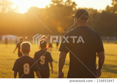 A man in a black shirt is watching a group of children play soccer 119855847