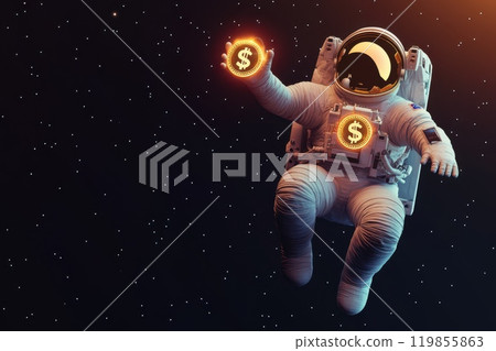 An astronaut floating in space, reaching out toward a glowing, holographic dollar sign and coins. The background is a dark theme 119855863
