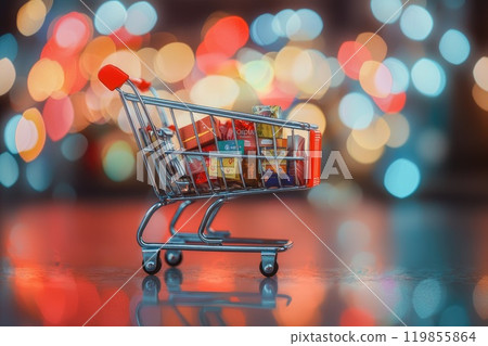 A shopping cart full of items is shown in a blurry, colorful background 119855864