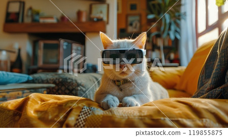 A cat wearing virtual reality goggles is laying on a couch 119855875