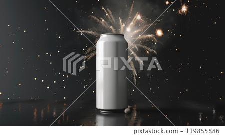 White beer can with fireworks in the background, A can of soda is sitting of firework background 119855886