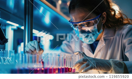 Scientist in mask conducting experiments with test tubes in laboratory, Innovative medical research Scientist in mask conducting experiments with test tubes in laboratory, Innovative medical research 119855920