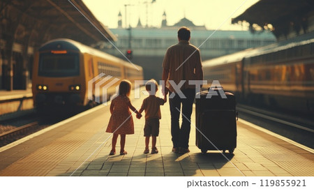Family Anticipation at Railway Station Platform, Parents and Kids Waiting Excitedly for Train Journey Adventure Family Anticipation at Railway Station Platform, Parents and Kids Waiting Excitedly for Train Journey Adventure 119855921