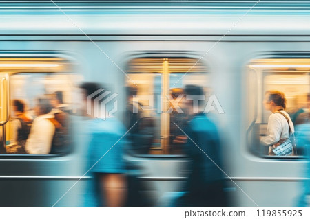 A blurry image of a crowded subway car with people walking in and out A blurry image of a crowded subway car with people walking in and out 119855925