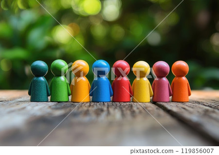 A group of people are standing in a row, each one wearing a different color A group of people are standing in a row, each one wearing a different color 119856007