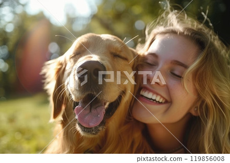 Connection of Love, Happy golden retriever nuzzling owner's cheek in a sunlit park Connection of Love, Happy golden retriever nuzzling owner's cheek in a sunlit park 119856008