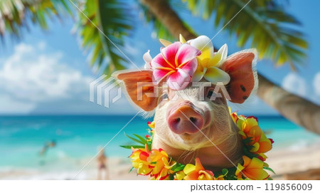Summer background, A Pig with hawaiian costume tropical palm and beach background Summer background, A Pig with hawaiian costume tropical palm and beach background 119856009