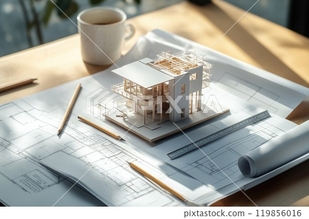 Architect's Work Desk with 3D House Model, Blueprints, Ruler, Pencil, and Coffee Cup Architect's Work Desk with 3D House Model, Blueprints, Ruler, Pencil, and Coffee Cup 119856016