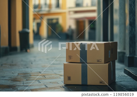 Two cardboard boxes are stacked on top of each other on a sidewalk 119856019