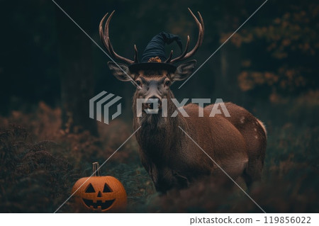 Regal Deer in Stylish Witch Hat Next to Pumpkin Regal Deer in Stylish Witch Hat Next to Pumpkin 119856022