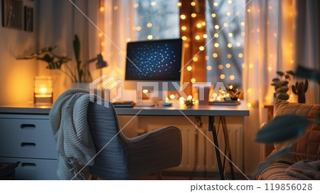 A peaceful home office space featuring a cozy chair and a tidy desk, and bokeh lights adding a touch of warmth A peaceful home office space featuring a cozy chair and a tidy desk, and bokeh lights adding a touch of warmth 119856028