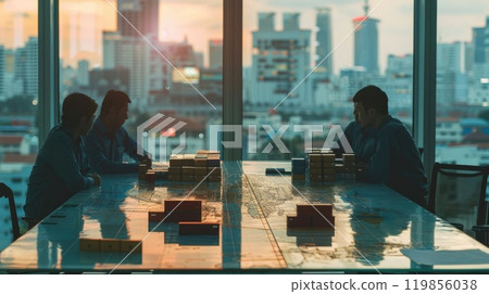 Three men are sitting at a long table with a pile of blocks in front of them Three men are sitting at a long table with a pile of blocks in front of them 119856038