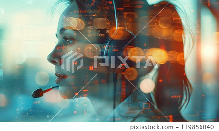 Multitasking consultant at customer service call center, Multiple exposures for advertising Multitasking consultant at customer service call center, Multiple exposures for advertising 119856040