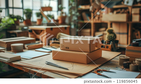 Creative Designer's Workspace with Craft Paper, Sketching Tools, and Mockup Box - Conceptualizing Innovative Designs Creative Designer's Workspace with Craft Paper, Sketching Tools, and Mockup Box - Conceptualizing Innovative Designs 119856045